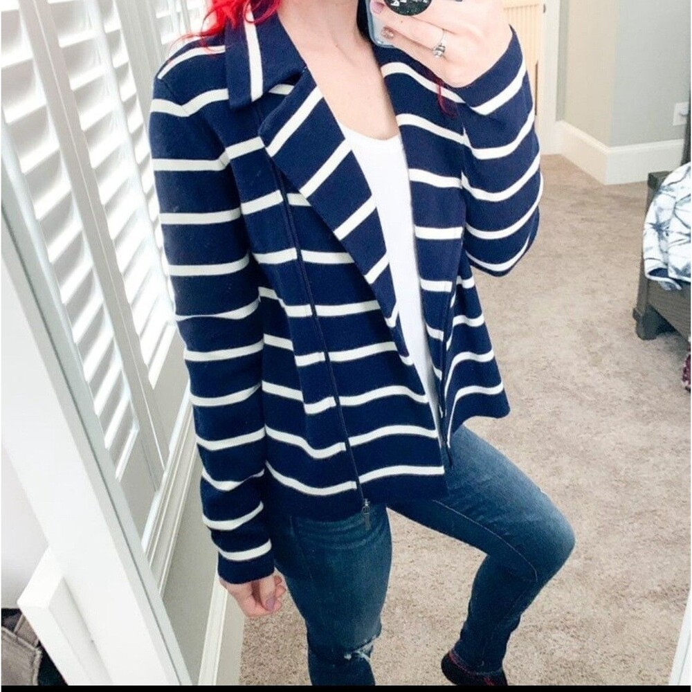 NWT Chaps Navy Blue White Striped Zip Up Cardigan Jacket Women’s Size Small